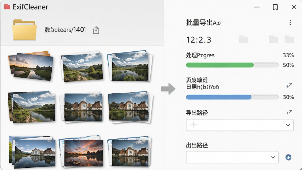ExifCleaner批量处理场景,主体为多个图片文件队列与进度条,布局采用纵向列表排列,排版展示文件夹拖入与批量导出流程,风格为清爽办公风,细节包括文件数量统计、处理进度百分比、导出路径选择框,画质高清,干净,无多余元素