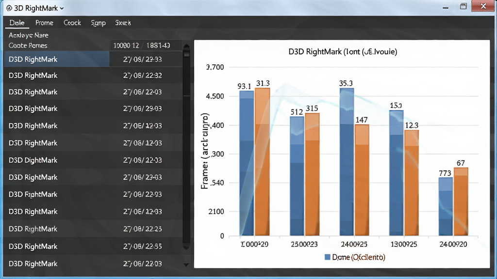 D3D RightMark测试结果对比界面,主体为软件数据展示窗口,布局采用表格与柱状图结合,排版左侧为历史测试记录列表,右侧为性能对比图表,风格为简洁数据分析风格,细节包含帧率对比柱状图、测试时间戳、显卡型号标签,画质清晰,干净,无多余元素