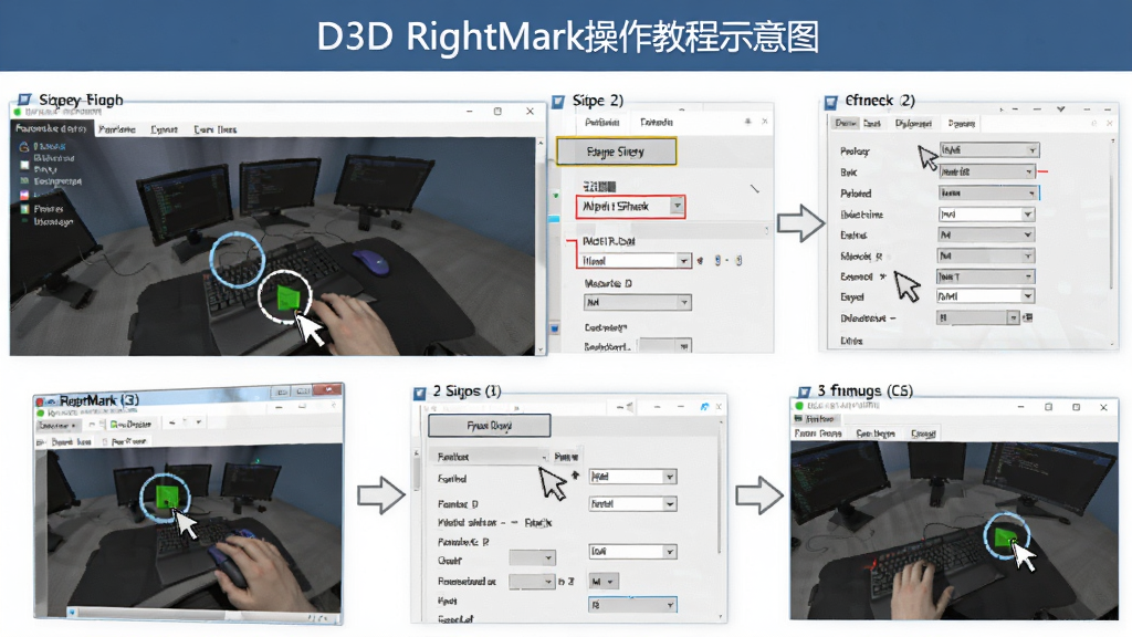 D3D RightMark操作教程示意图,主体为软件操作界面与步骤标注,布局采用分步截图排版,风格为图文教程风格,细节包含鼠标点击位置标注、测试按钮高亮、参数设置面板,画质清晰,干净,无多余元素