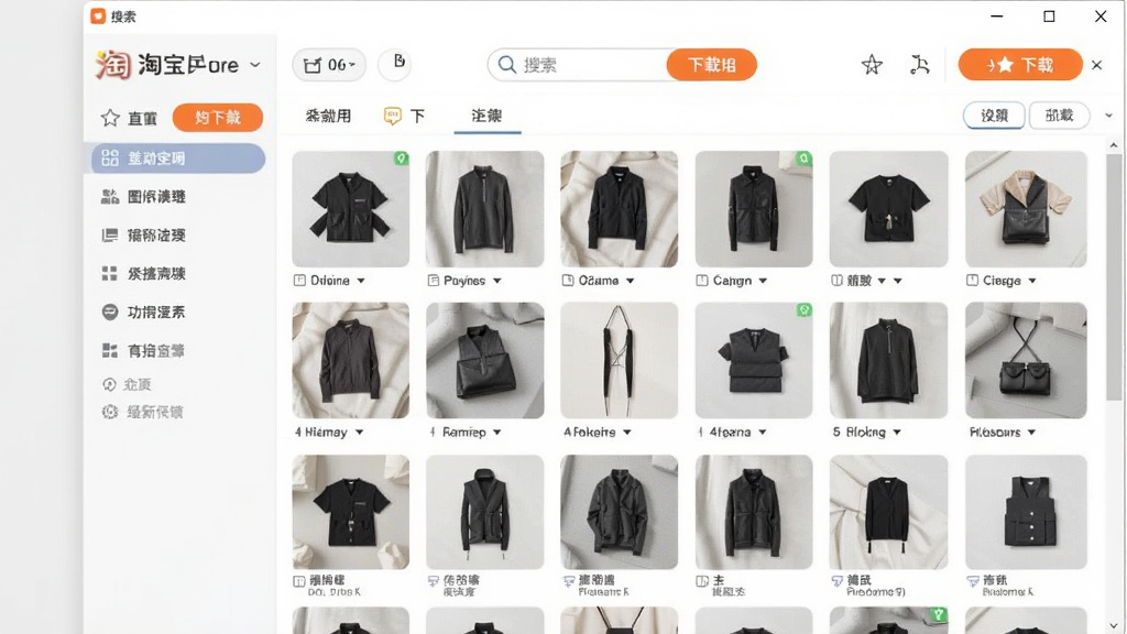 淘宝图片助手软件主界面全貌展示,画面中央是软件窗口,左侧为功能导航栏,右侧为商品图片缩略图网格,顶部有搜索框和下载按钮,整体布局清晰,风格简洁现代,画质干净,无多余元素