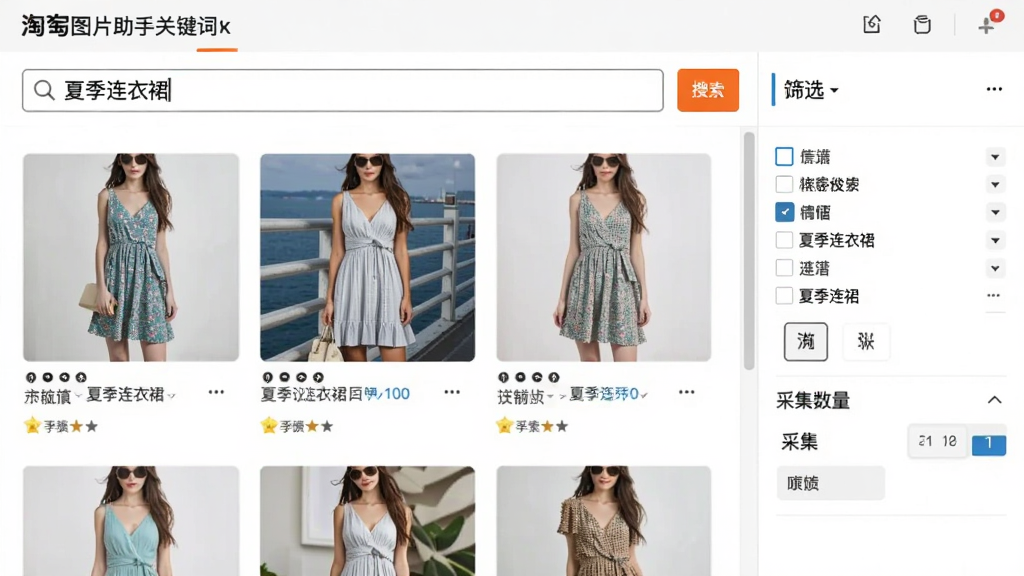 淘宝图片助手关键词搜索采集界面,画面中软件搜索框内输入了“夏季连衣裙”关键词,下方列表展示搜索结果缩略图,右侧有筛选选项和采集数量设置,风格简洁实用,画质干净