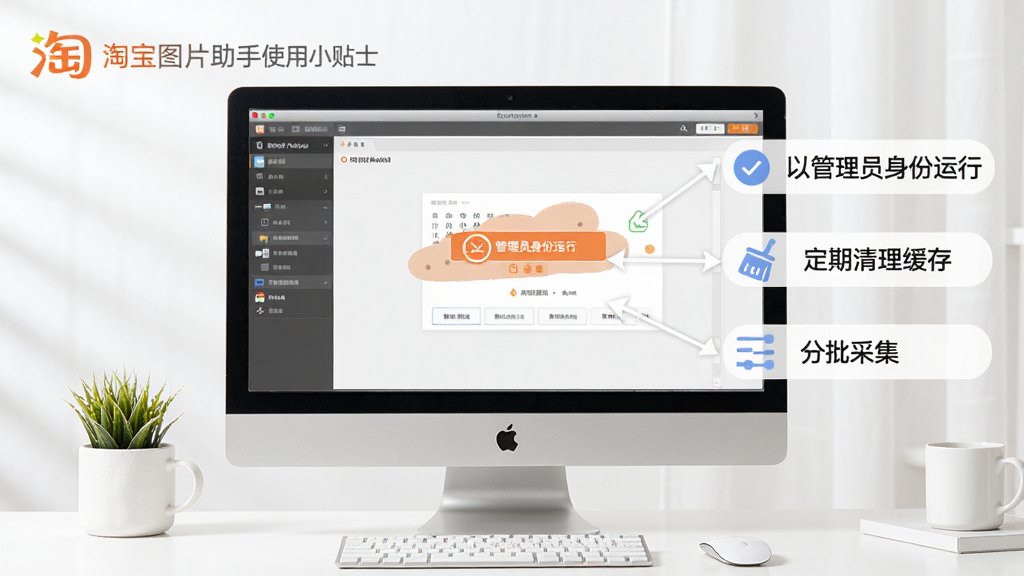 淘宝图片助手使用小贴士示意图,画面展示电脑屏幕上软件运行界面,旁边有文字标注“以管理员身份运行”“定期清理缓存”“分批采集”等操作要点,风格清新简洁,画质干净