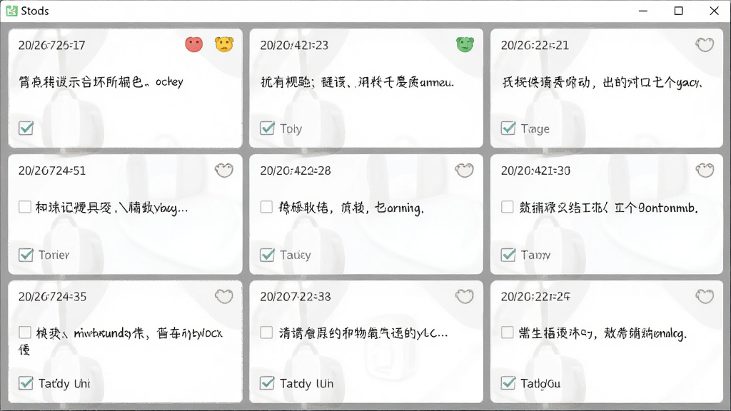 九宫格日记桌面版软件主界面全貌,居中展示九宫格日记桌面版窗口,九个方格整齐排列,每个格子内有简短的文字记录和日期标签,整体布局简洁,排版清晰,风格为清新简约的桌面工具风格,细节上包含日期显示、心情图标、待办勾选框,画质高清,干净,无多余元素