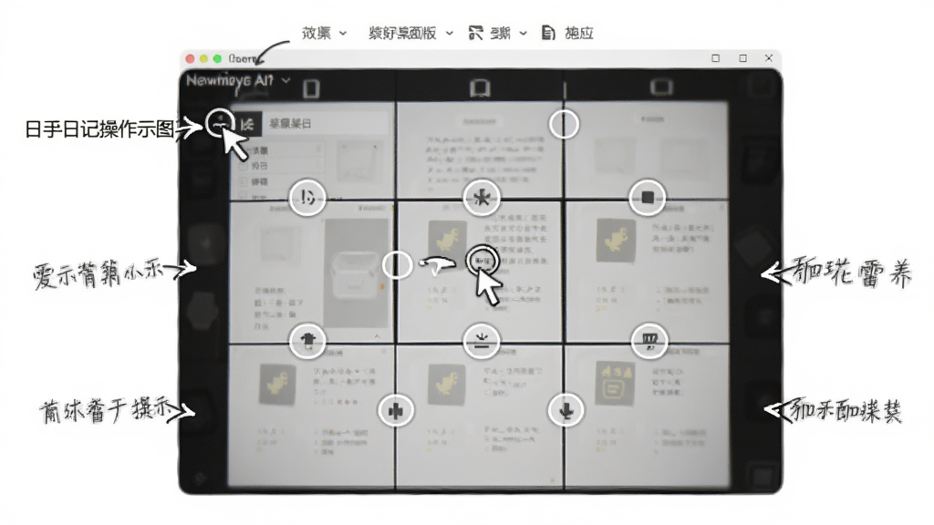 九宫格日记桌面版新手操作示意图,画面展示九宫格日记桌面版界面上的标注指引,布局为软件截图加箭头标注,排版清晰,风格为教程示意图风格,细节包含点击位置、菜单名称和提示文字,画质高清,干净,无多余元素