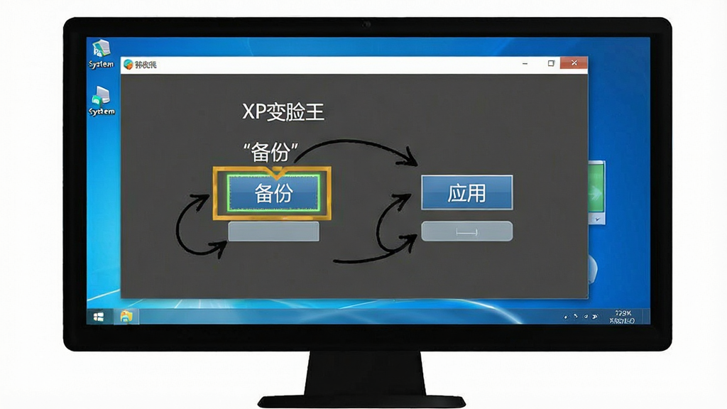 一张XP变脸王新手操作指南的示意图,画面展示电脑屏幕上软件界面与系统桌面并排,界面中高亮显示“备份”按钮和“应用”按钮,旁边有箭头标注操作步骤,整体风格简洁明了,画质清晰,无多余元素。