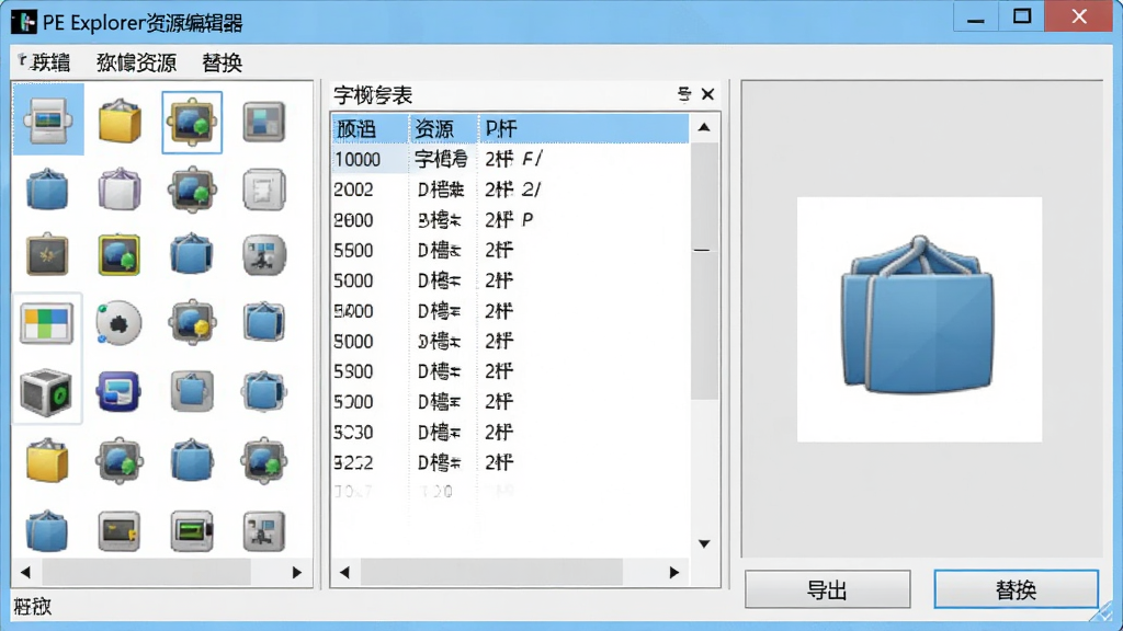 PE Explorer资源编辑器界面,展示图标组和字符串表资源列表,右侧预览区域显示一个图标图像,下方有导出和替换按钮,界面配色为白色与浅蓝,布局紧凑,文字使用中文标注,画质清晰,无杂乱元素