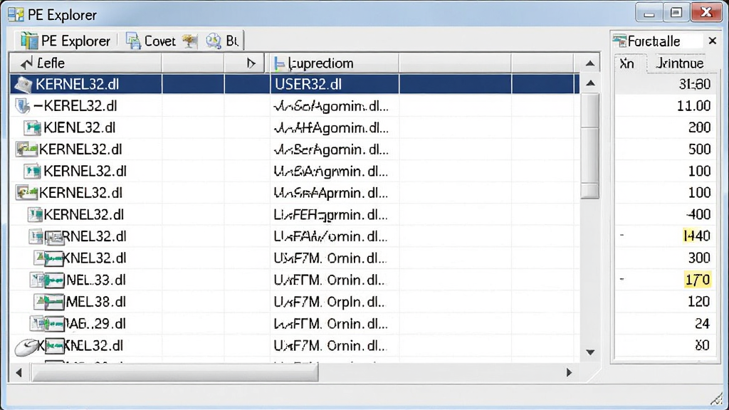PE Explorer导入表查看界面,表格中列出KERNEL32.dll、USER32.dll等模块及其对应的函数名称,界面右侧有函数计数统计,整体采用浅色背景与深色文字,排版整齐,画质干净,无多余装饰元素