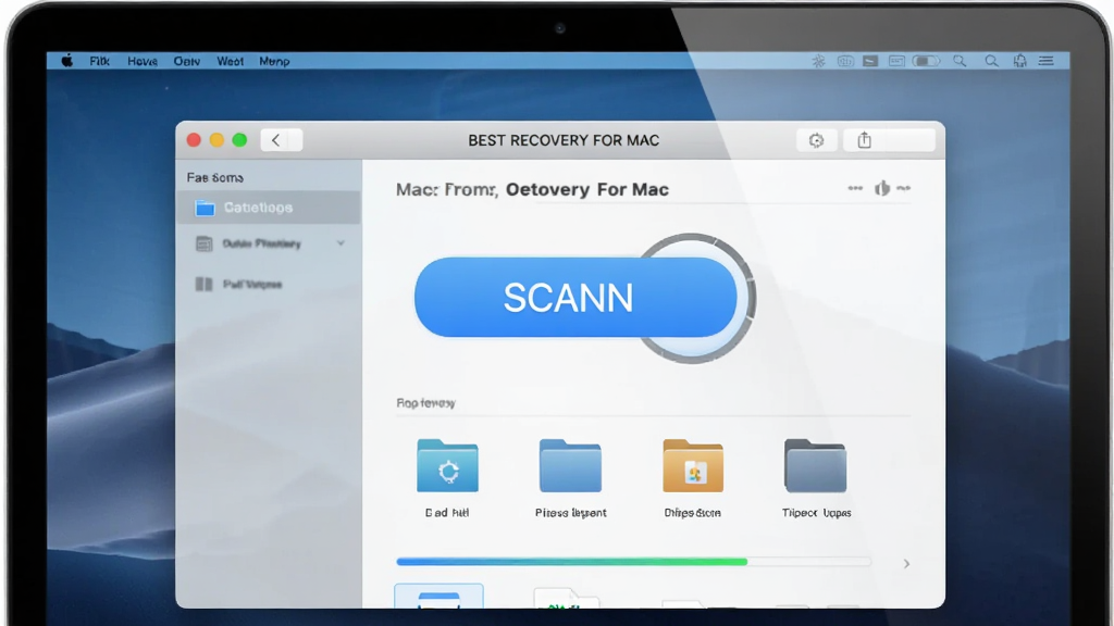 一张展示Best Recovery For Mac软件主界面的图片,主体是苹果笔记本电脑屏幕,屏幕上显示着数据恢复软件的操作界面,界面中央有醒目的扫描按钮和文件类型图标,布局为居中构图,排版简洁清晰,风格为现代科技感,细节包括屏幕反光效果和界面上的进度条元素,画质为高清4K,画面干净,无多余元素