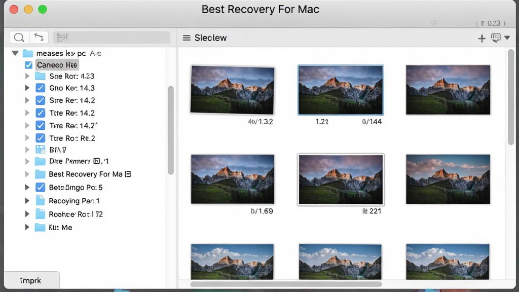 一张展示Best Recovery For Mac文件预览与选择界面的图片,主体是软件窗口中左侧文件分类树和右侧缩略图预览区域,布局为左右分栏结构,排版清晰,风格为现代化UI设计,细节包括勾选框、文件大小标注和预览窗口中的图片内容,画质为高清,画面干净,无多余元素