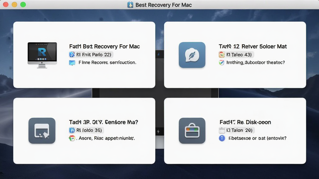 一张展示Best Recovery For Mac多种恢复模式的图片,主体是软件界面中四个并列的功能模块卡片,布局为2x2网格排列,排版整齐对称,风格为扁平化设计,细节包括每个卡片上的图标和简短文字说明,画质为高清,画面干净,无多余元素