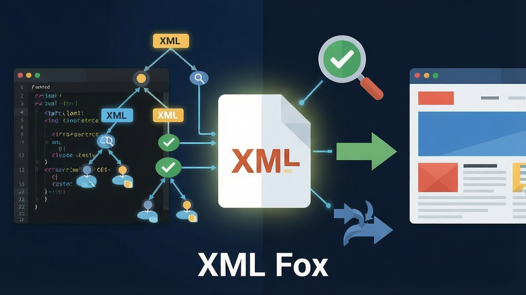 一张展示XML Fox软件功能特性的概念图,画面中央为发光的XML文件图标,周围环绕着树形节点结构、放大镜搜索图标、对勾校验标记、转换箭头符号等元素,左侧展示深色背景下的代码编辑窗口,右侧展示转换后的网页预览窗口,整体布局采用左右对比式构图,风格为扁平化科技插画,细节上体现节点连线与高亮标签,画质清晰干净,画面中标注XML Fox字样,无多余装饰元素