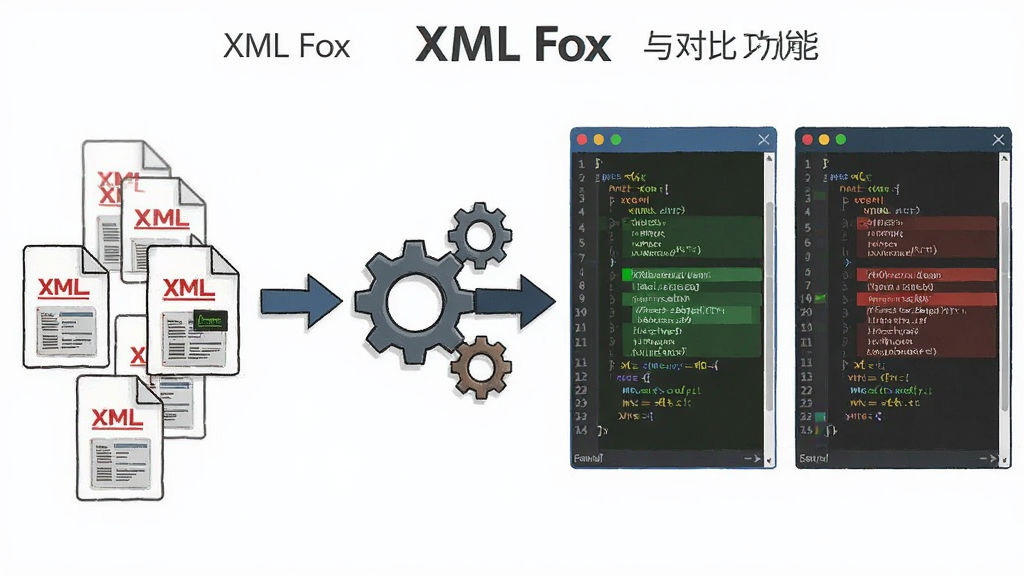 一张展示XML Fox批量处理与对比功能的示意图,画面左侧为多个XML文件图标排列成队列,中间为齿轮与箭头组成的处理流程,右侧为两个并列的代码编辑窗口,窗口内用绿色与红色底色标出差异行,整体布局为横向流程图式,风格为简洁商务插画,细节上体现文件缩略图与差异高亮,画质清晰干净,画面中带有XML Fox文字标识,无多余元素