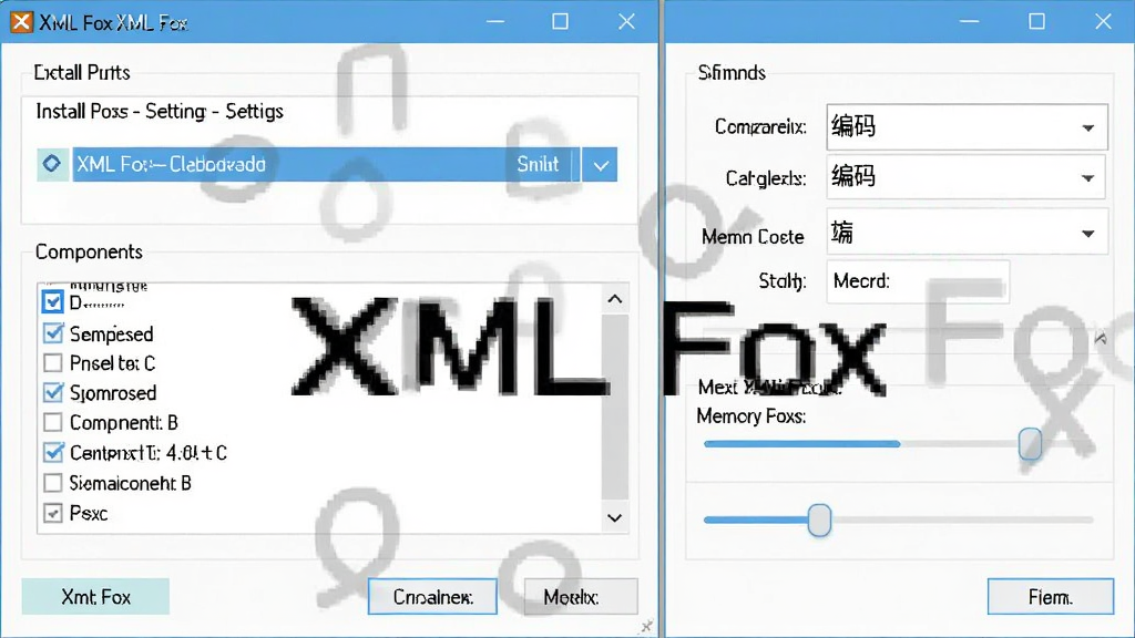 一张展示XML Fox安装与设置界面的示意图,画面主体为软件安装向导窗口与首选项设置面板,左侧显示安装路径选择框与组件勾选列表,右侧显示编码设置与内存缓存调节滑块,整体布局为左右并列式,风格为简洁软件界面截图风格,细节上体现按钮文字与选项说明,画质清晰干净,画面中标注XML Fox字样,无多余元素