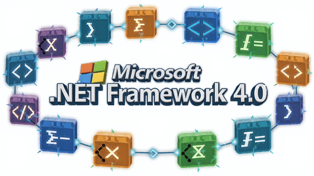 画面中央是“Microsoft .NET Framework 4.0”的立体字样,四周分布着代表不同编程语言的彩色代码块与连接线,布局采用环形结构,风格为科技感矢量插画,细节包括代码符号、运行箭头、蓝色光晕,画质清晰干净无多余元素