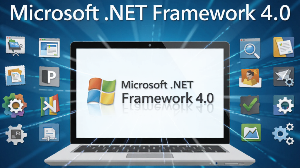 一台打开的笔记本电脑屏幕中央显示“Microsoft .NET Framework 4.0”字样,周围环绕着多个软件图标与齿轮元素,整体布局为居中构图,上方是大标题下方是图标阵列,风格为现代科技感扁平插画,细节包括蓝色渐变背景、光效线条、软件窗口轮廓,画质清晰干净无多余元素