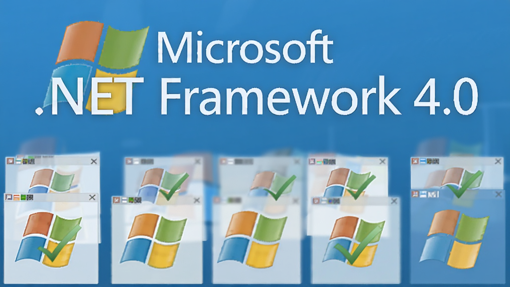 画面中央是“Microsoft .NET Framework 4.0”标识,下方排列着多个 Windows 系统版本的窗口图标,布局为上下结构,风格为扁平化科技插画,细节包括兼容性对勾标记、系统徽标、蓝色渐变背景,画质清晰干净无多余元素