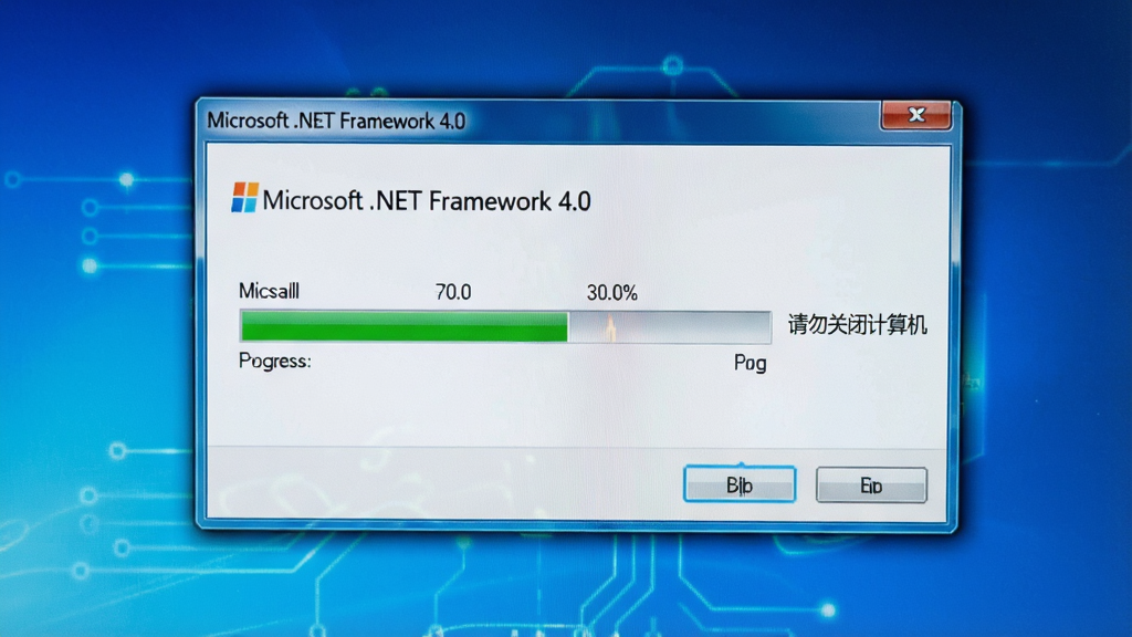 一台电脑屏幕上显示“Microsoft .NET Framework 4.0”安装进度条,旁边有提示文字“请勿关闭计算机”,布局为居中特写,风格为写实科技风,细节包括进度条、安装窗口、蓝色背景,画质清晰干净无多余元素