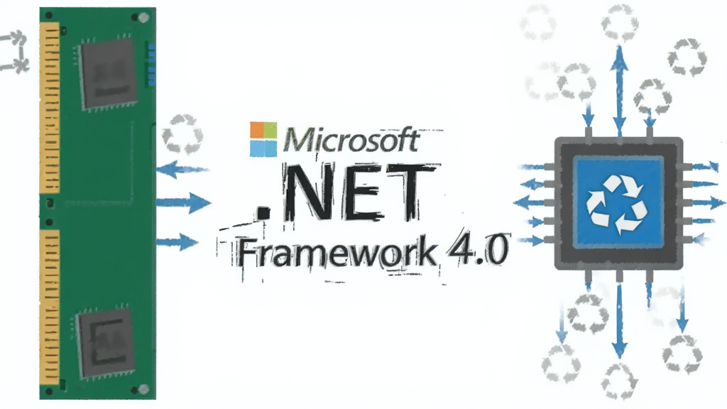 画面展示“Microsoft .NET Framework 4.0”文字位于中央,左右两侧分别是内存条与 CPU 芯片的抽象图形,布局为左右对称,风格为简洁技术图解,细节包括数据流箭头、回收标志、蓝色与灰色配色,画质清晰干净无多余元素