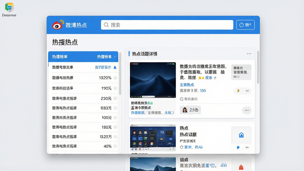 一张展示电脑桌面软件的截图,画面中央是微博热点软件主界面,左侧为热搜榜单列表,右侧为热点话题详情卡片,界面风格简洁现代,蓝白配色,顶部有搜索框和刷新按钮,背景为干净的浅灰色桌面,画面清晰,布局规整,风格写实,细节丰富,画质高清,干净无多余元素