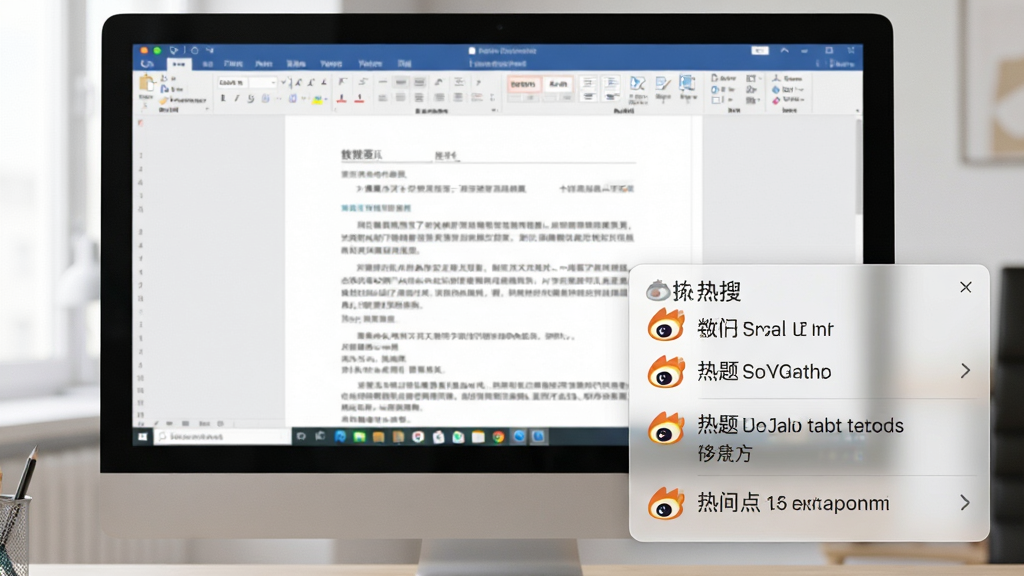 一张展示微博热点桌面便捷提醒功能的示意图,画面中电脑屏幕右下角悬浮着一个半透明的热搜小窗口,窗口内显示着几条热门话题,主屏幕背景是办公文档,画面风格写实,光线柔和,细节清晰,画质高清,干净无多余元素