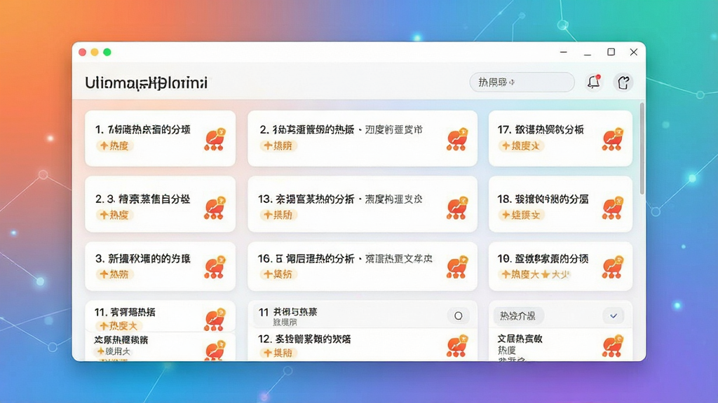 一张展示微博热点软件实时热搜聚合功能的界面图,画面主体是软件窗口内排列整齐的热搜榜单,每条热搜带有排名序号和热度标识,界面采用卡片式设计,背景带有微渐变效果,风格科技简约,细节清晰,画质高清,干净无多余元素