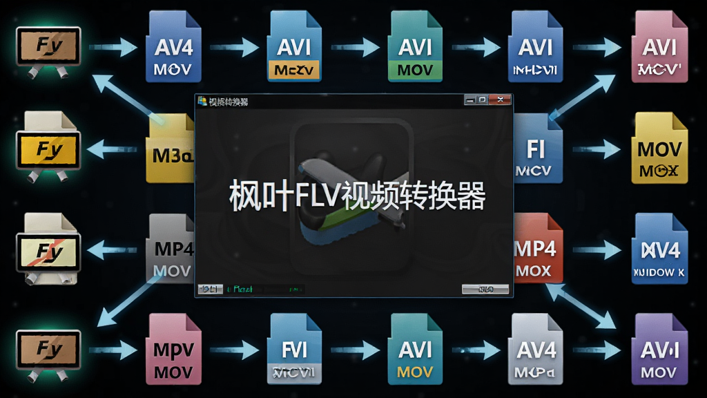 画面中“枫叶FLV视频转换器”软件界面居中显示,屏幕上排列着多个视频格式图标围绕软件窗口,箭头从FLV图标指向MP4、AVI、MOV等图标,象征格式互转功能,界面采用深色主题,图标色彩鲜明,风格科技感十足,画质清晰,布局规整,无多余文字与装饰