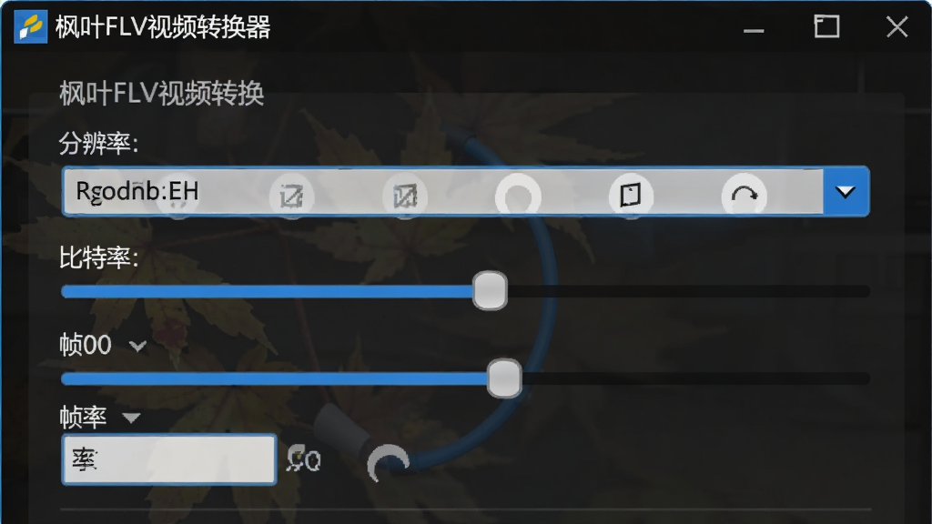 画面展示“枫叶FLV视频转换器”的参数设置面板特写,面板中清晰显示分辨率下拉菜单、比特率滑块、帧率输入框等控件,背景为软件深色界面,控件高亮蓝色,整体风格专业简洁,画质高清,布局紧凑,无杂乱元素