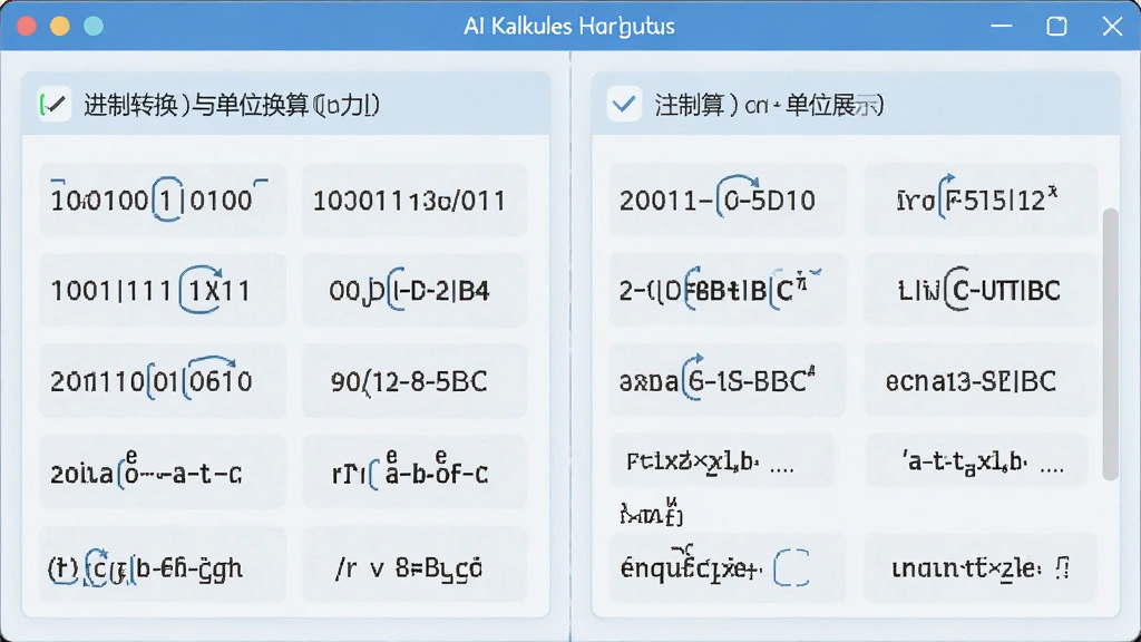 AI生成Kalkules多进制转换与单位换算功能展示图,主体为软件窗口中的进制转换面板和单位换算面板,布局为左右分栏,排版工整,风格为清爽浅色系,细节包含二进制数字、十六进制字母、单位符号等元素,画质高清干净无多余元素