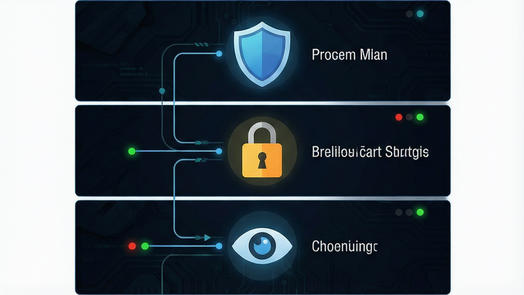 一张展示 IObit Malware Fighter 多重防护功能的示意图,画面采用分层布局,上层显示“实时防护”盾牌图标,中层展示“勒索病毒防御”锁形图标,下层呈现“隐私保护”眼睛图标,每个图标旁边配有简短的英文标签,背景为深色科技纹理,风格为扁平化信息图设计,细节包括图标发光效果、连接线条、状态指示灯,画质高清,画面干净,无多余元素
