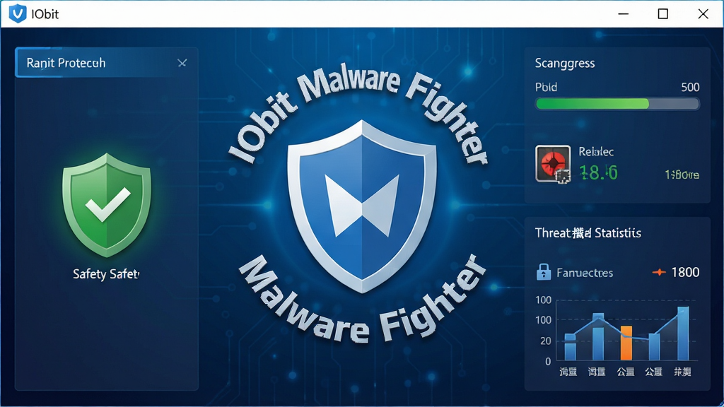 一张展示 IObit Malware Fighter 软件主界面的图片,画面中央是软件标志性的蓝色盾牌图标,周围环绕着“IObit Malware Fighter”英文名称,界面背景呈现深蓝色科技感渐变,左侧显示实时防护状态为绿色安全,右侧展示扫描进度条与威胁拦截统计数字,整体布局清晰直观,风格为现代扁平化UI设计,细节包括按钮高光、图标阴影、数据图表等,画质高清,画面干净,无多余元素