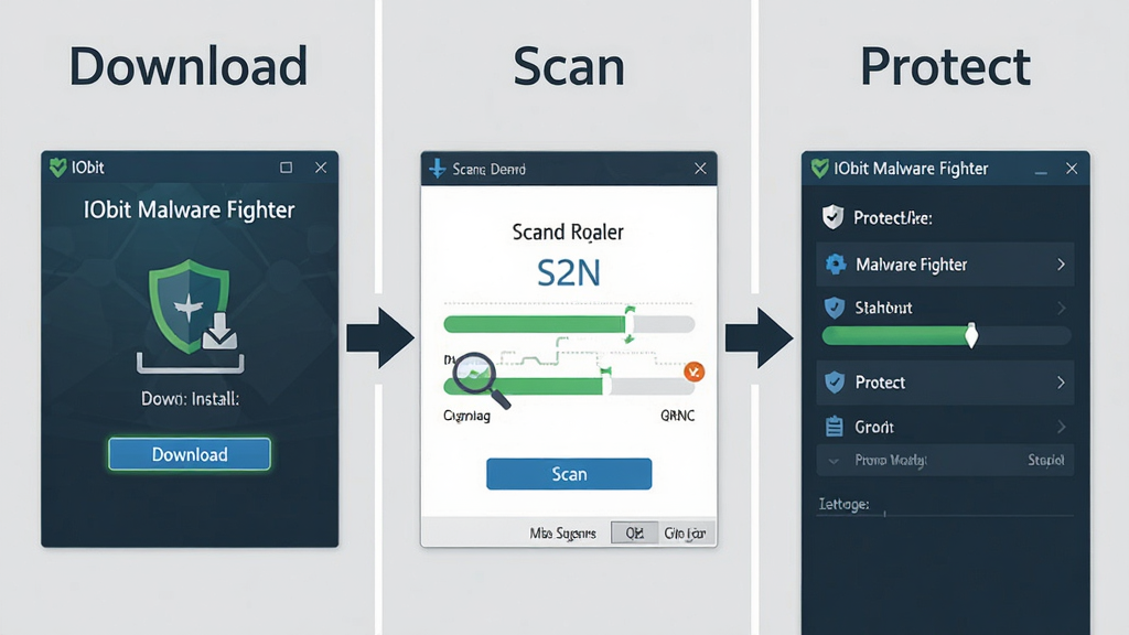 一张展示 IObit Malware Fighter 使用教程的步骤图,画面分为三个区域,左侧显示下载安装界面,中间展示扫描进度页面,右侧呈现防护设置面板,每个区域配有简洁的英文标注“Download”“Scan”“Protect”,背景为浅灰色,风格为扁平化教程插图,细节包括箭头指引、按钮高亮、进度条动画效果,画质高清,画面干净,无多余元素