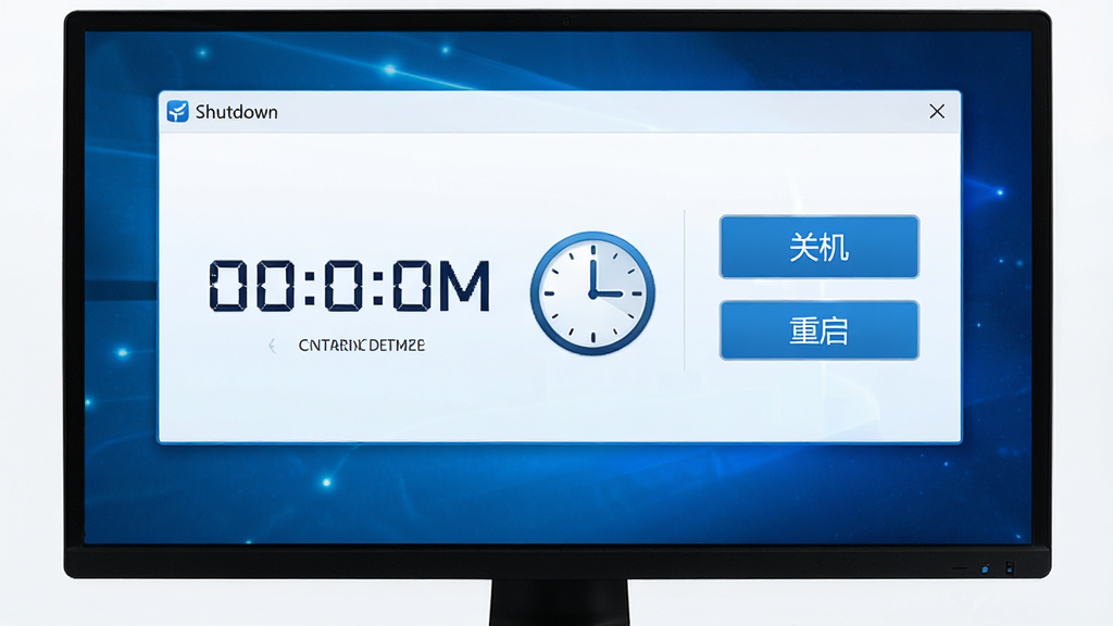 电脑屏幕上显示Shutdown软件的定时设置面板,面板上有倒计时数字和时钟图标,旁边有