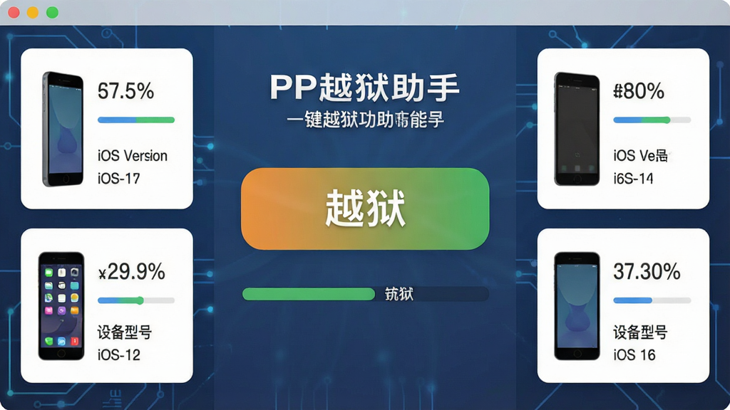 一张展示PP越狱助手一键越狱功能的图片,主体为软件界面中央醒目的越狱按钮和进度指示,布局为居中大按钮配合周围环绕的设备信息卡片,排版对称工整,风格为扁平化科技风格,细节包含进度百分比、设备型号文字、iOS版本号,画质清晰锐利,干净无多余元素