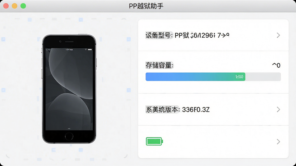 一张展示PP越狱助手设备信息管理界面的图片,主体为软件界面中设备信息面板,布局为左侧设备外观图右侧信息列表,排版整齐清晰,风格为简约商务风,细节包含设备型号文字、存储容量条形图、系统版本号、电池图标,画质高清干净,无多余元素