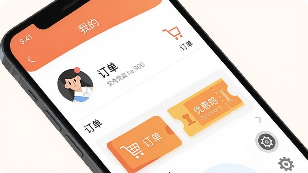 һ���ֻ���Ļ��ʾ����APP�ġ��ҵġ�ҳ�棬���ְ���ͷ�񡢶�����ڡ�����ͼ�꣬������Ϊ��ƽ���廭�磬ϸ���й��ﳵͼ����Ż�ȯ��ǩ����������������ɾ����޶���Ԫ�ء�