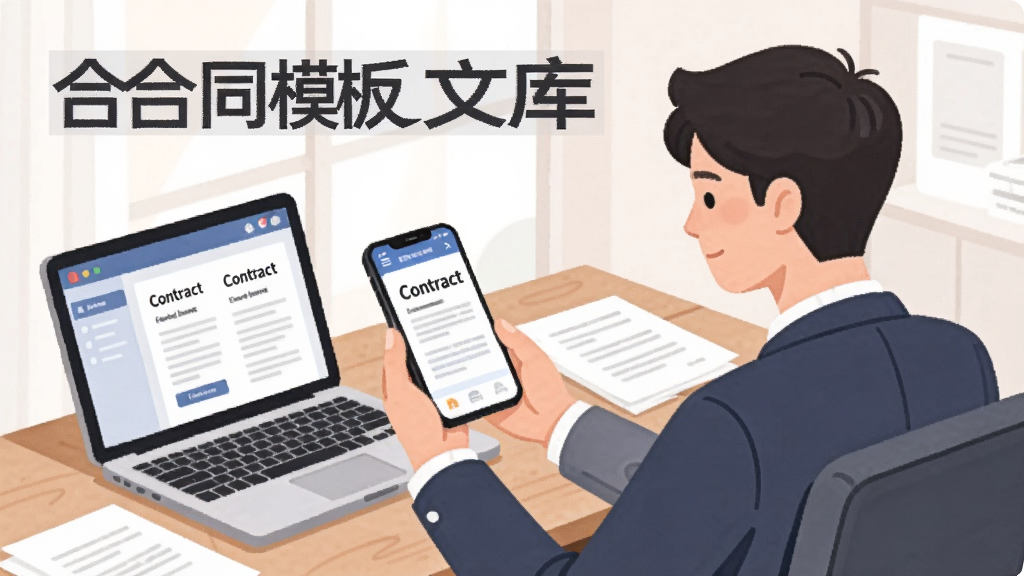 һ��չʾ�û�����ʹ�ú�ͬģ���Ŀ��ȫ�Ĳ廭��������һλְ����ʿ���ڰ칫��ǰ���ֳ��ֻ��鿴��ͬģ�壬�ֻ���Ļ��ʾ�������棬�Ա��бʼǱ����Ժ�ֽ���ļ����������ƽ������廭��ɫ����ͣ�ͻ������ͬģ���Ŀ��ȫ�����֣������������޶���װ�Ρ�