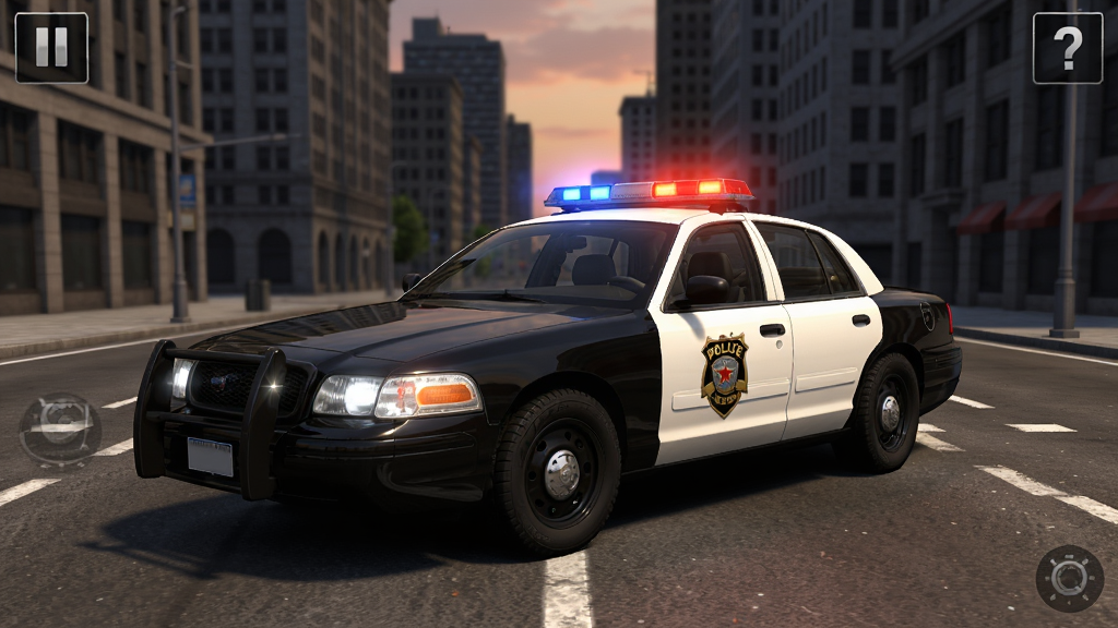 一款3D写实风格的警车驾驶模拟游戏主界面,画面中央停放着一辆黑白涂装的警用轿车,车身带有警徽与警灯,背景是繁华的城市街道与高楼大厦,天空呈现黄昏色调,画面布局采用居中构图,风格为写实3D渲染,细节包括警车轮胎纹理、车灯反光、路面标线,画质清晰干净,无多余元素