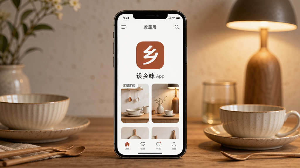����չʾ����ζApp����ҳ������Ʒ��Logo������Ϊһ�������ֻ�����Ļ��ʾ�Ҿ���Ʒ���У����ֲ��þ��жԳƹ�ͼ���Ű���󷽣����Ϊ�ִ���Լ������ѧ��ϸ�ڰ���ľ�����桢�մɲ;ߡ�ůɫ�ƹ⣬���ʸ��壬�ɾ����޶���Ԫ��