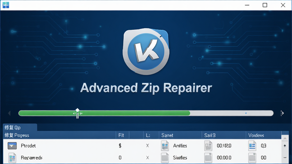 Advanced Zip Repairer 软件主界面,深蓝色科技感背景,中央为软件图标与名称