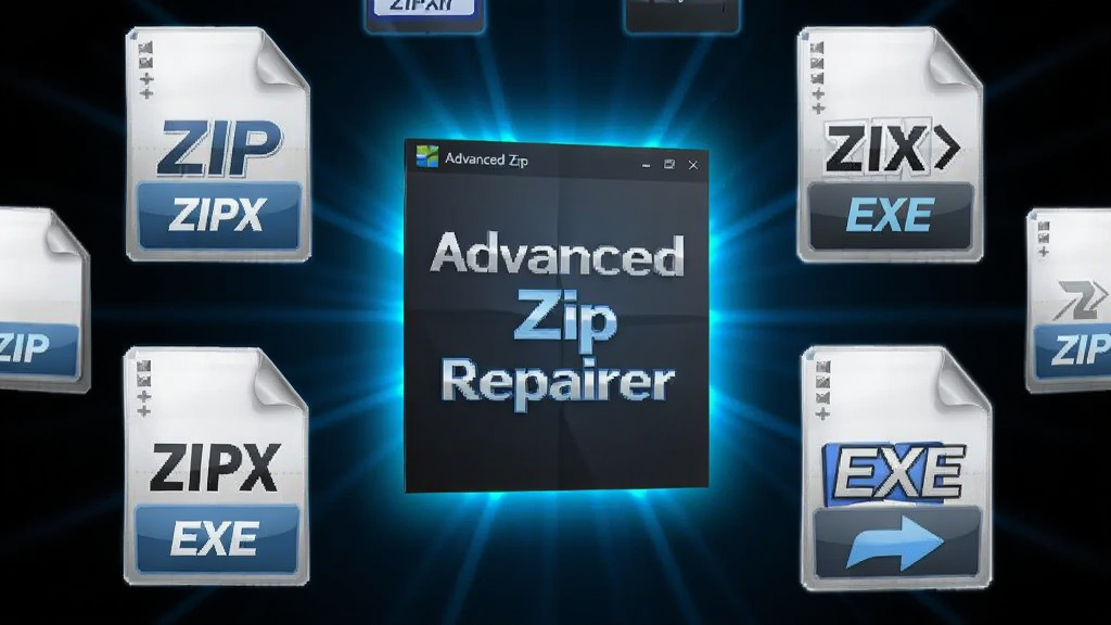 Advanced Zip Repairer 格式兼容示意图,画面中多个压缩包图标环绕软件主图标,分别标注ZIP、ZIPX、EXE字样,软件名称