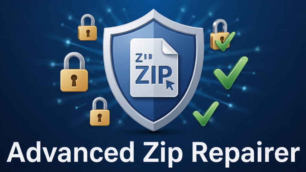 Advanced Zip Repairer 安全修复概念图,盾牌图标与ZIP文件结合,周围环绕锁形符号与绿色对勾,软件名称