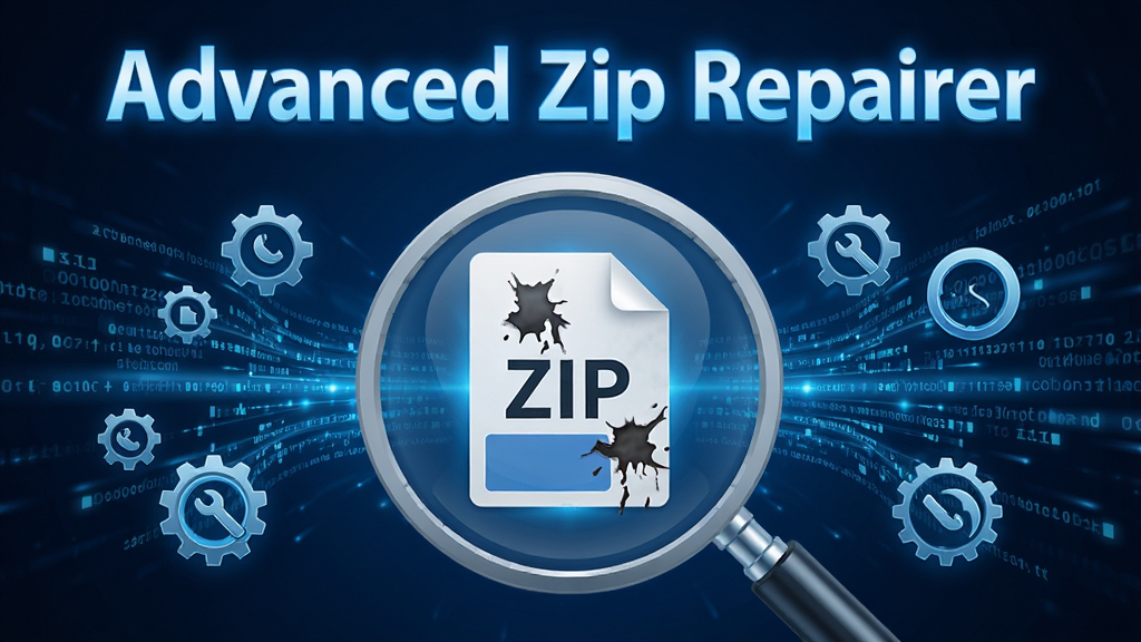 Advanced Zip Repairer 深度扫描修复功能展示,画面中央为放大镜聚焦损坏的ZIP文件,周围环绕数据流与修复齿轮图标,软件名称