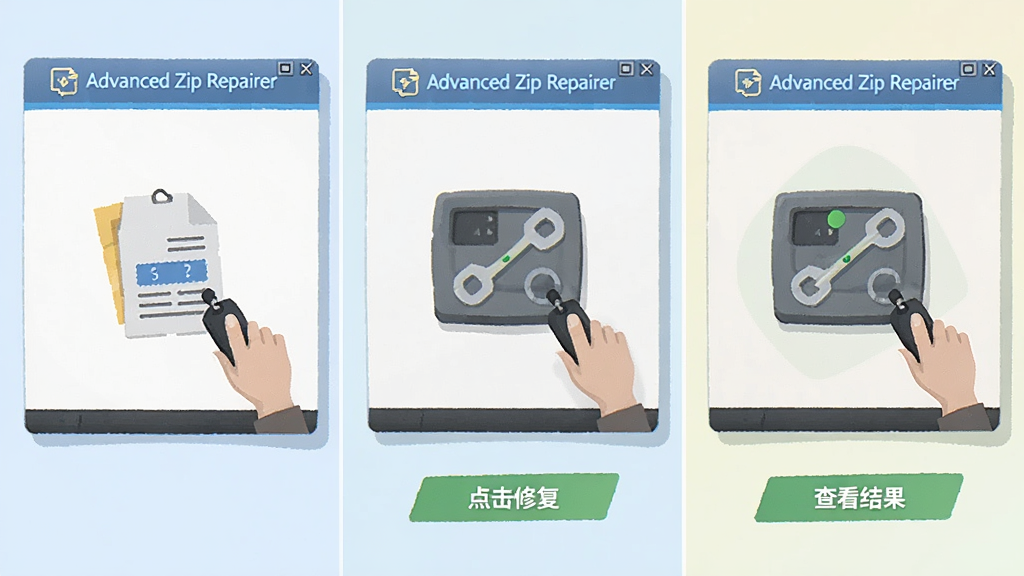 Advanced Zip Repairer 使用步骤示意图,画面分三格展示添加文件、点击修复、查看结果三个操作场景,软件名称