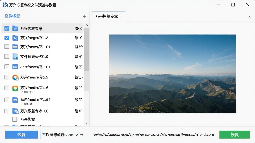 万兴恢复专家文件预览与恢复界面图,主体为软件窗口中左侧文件列表右侧预览窗口显示照片内容,布局为左右分栏,排版简洁,风格为现代办公软件界面,细节包含勾选框、恢复按钮、文件路径信息,画质高清干净无多余元素