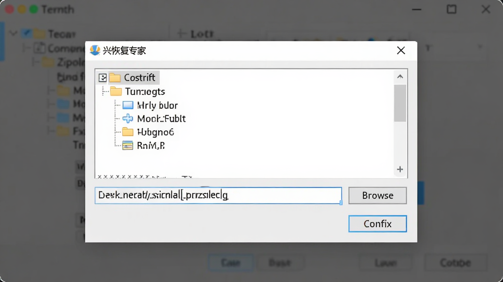 万兴恢复专家恢复文件保存路径选择界面图,主体为软件弹窗提示选择保存位置,布局为居中对话框,排版包含文件夹树状选择器,风格为简洁工具类弹窗,细节包含路径输入框、浏览按钮、确认按钮,画质高清干净无多余元素
