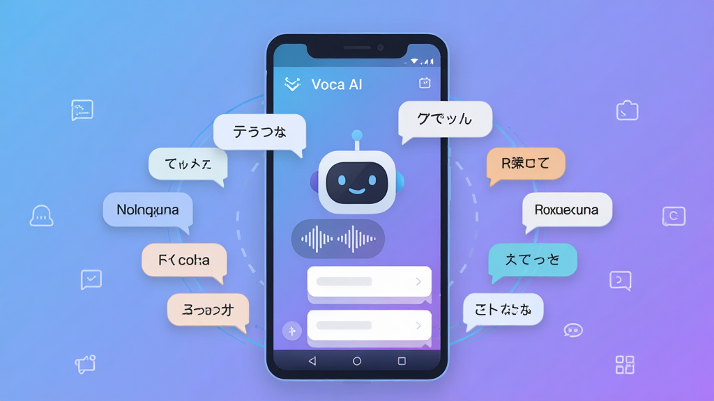 一幅展示Voca AI 软件核心界面的数字插画,主体为一部安卓手机屏幕,屏幕中央显示一个友好的AI对话机器人头像与语音波形图标,周围环绕着英语、日语、俄语等多国语言气泡,布局为手机居中、语言气泡呈环形扩散,排版清晰有序,风格为现代扁平化科技风,细节包括柔和的蓝紫渐变背景、简洁的图标线条、干净的白色卡片式对话区域,画质高清、画面干净、无多余元素