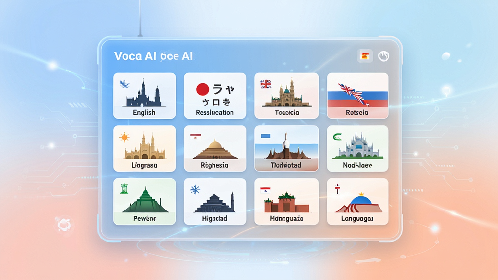 一幅以Voca AI 多语种课程体系为主题的宣传图,主体为一块悬浮的虚拟课程面板,面板上整齐排列着英语、日语、俄语等语言卡片,每张卡片配有对应国家的标志性建筑剪影,布局为面板居中、语言卡片呈网格状排列,排版简洁明了,风格为现代教育科技风,细节包括柔和的渐变底色、简洁的图标设计、清晰的文字标签,画质高清、画面干净、无多余元素