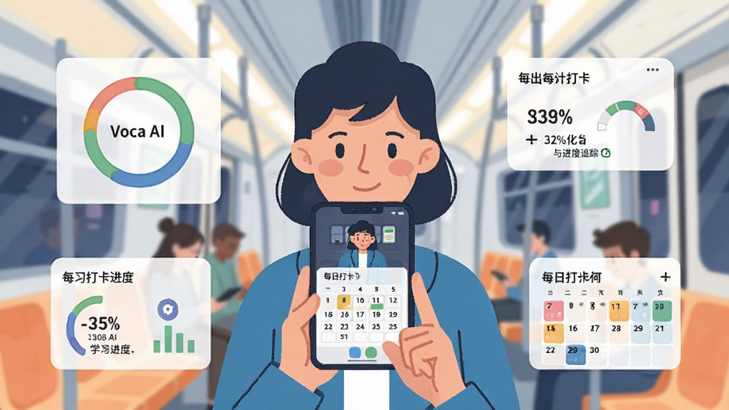 一幅以Voca AI 碎片化学习与进度追踪为主题的扁平插画,主体为一位用户在地铁上使用手机学习,手机屏幕显示Voca AI 的学习进度环形图和每日打卡日历,布局为人物居中、学习数据元素环绕周围,排版活泼紧凑,风格为都市生活插画风,细节包括地铁车厢的简洁背景、柔和的灯光、清晰的进度数据展示,画质高清、画面干净、无多余元素