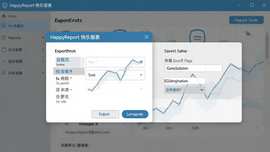 一张展示HappyReport快乐报表导出功能界面的图片,画面中显示导出格式选择对话框,旁边有文件保存路径设置,背景为软件操作界面,风格商务简约,画质清晰,无多余元素