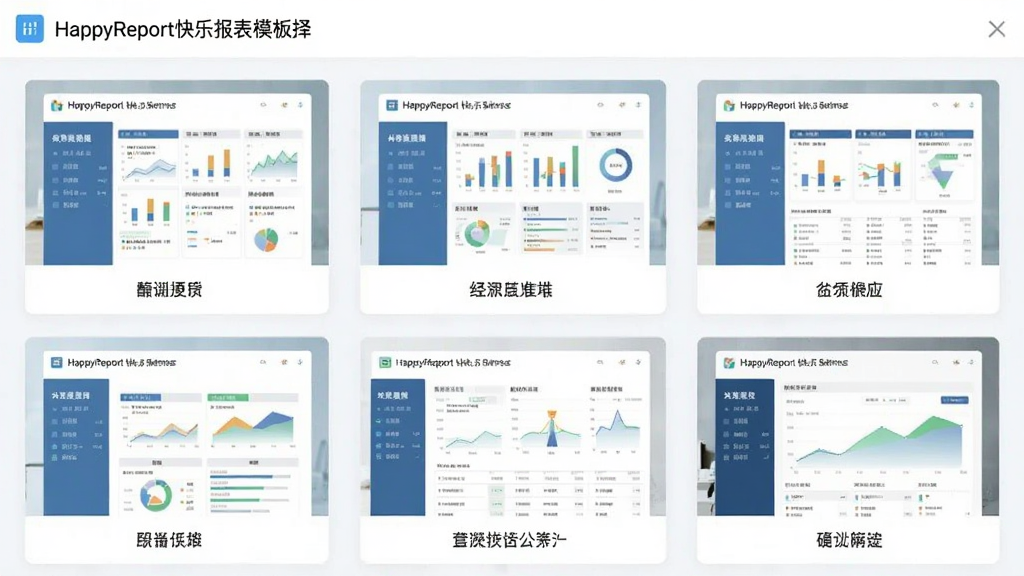 一张展示HappyReport快乐报表模板选择界面的图片,画面中排列着多个报表模板缩略图,每个缩略图下方有模板名称,界面采用网格布局,风格清新明亮,画质清晰,细节丰富,无多余元素